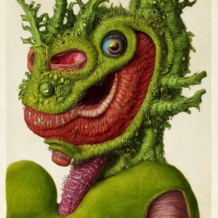 Prompt: close up portrait of a mutant monster creature with face in the shape of a colorful exotic carnivorous plant, snail - like protruding eyes. by jan van eyck, walton ford