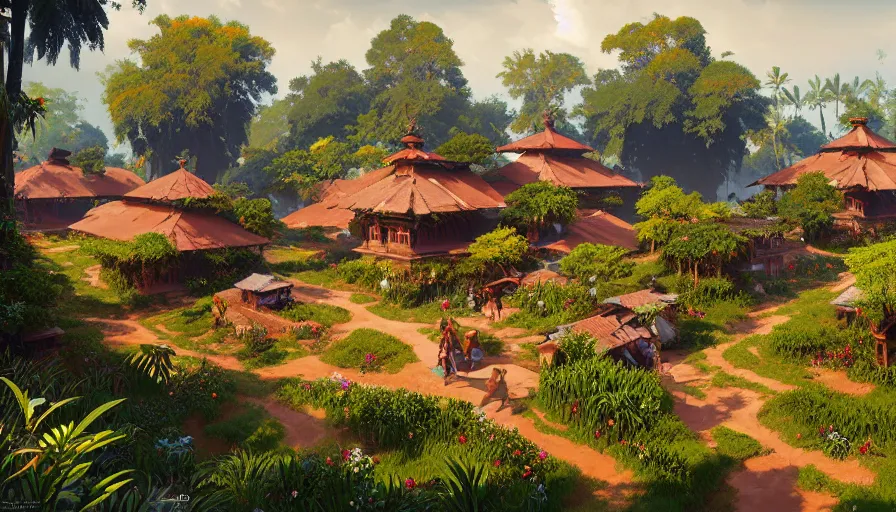 Image similar to a low poly isometric render of a kerala village, floral! intricate, elegant, highly detailed, digital painting, artstation, concept art, smooth, sharp focus, illustration, art by artgerm and greg rutkowski and alphonse mucha, horizon zero dawn 8 k