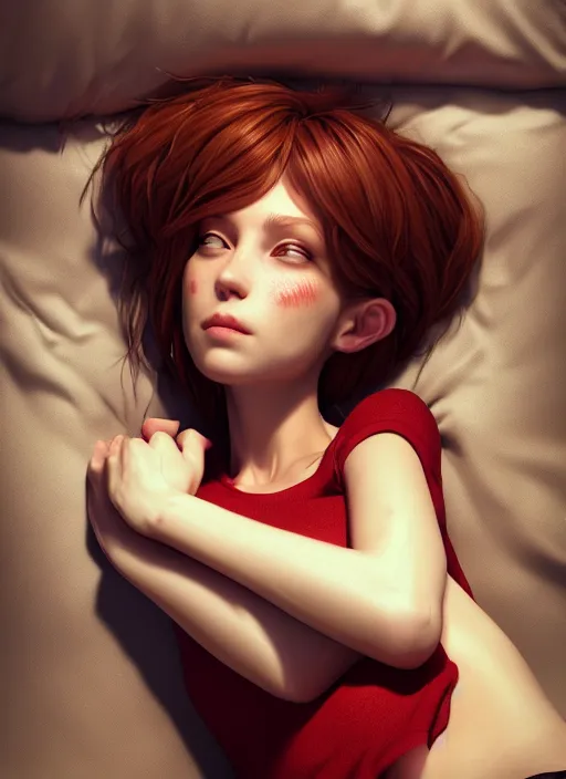 Image similar to sleeping portrait of wendy's mascot wendy thomas, hyper detailed, digital art, trending in artstation, cinematic lighting, studio quality, smooth render, unreal engine 5 rendered, octane rendered, art style by klimt and nixeu and ian sprigger and wlop and krenz cushart.