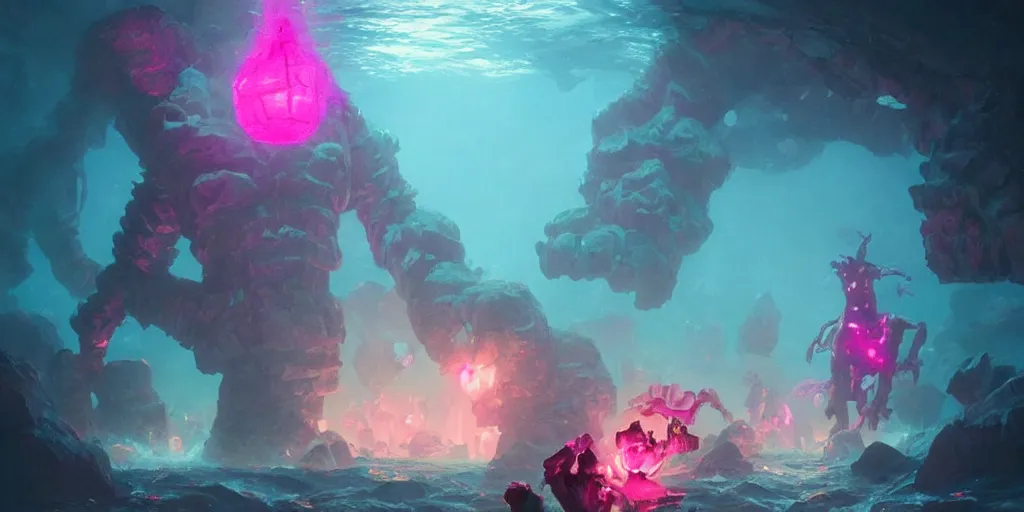 Image similar to giant golem made of crystal, bright pink purple lights, underwater, d & d, art by greg rutkowski