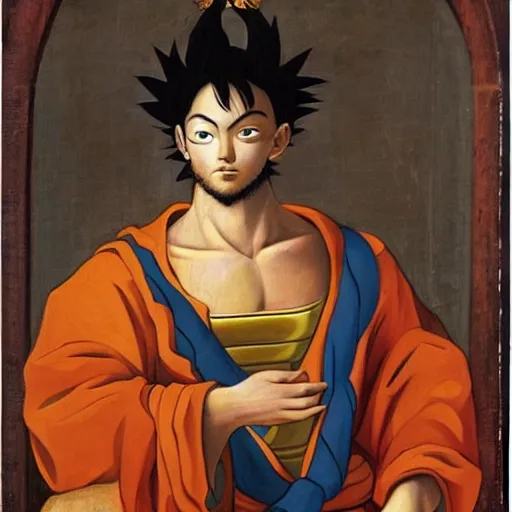 Image similar to renaissance oil painting of Goku wearing a robe, posing as king