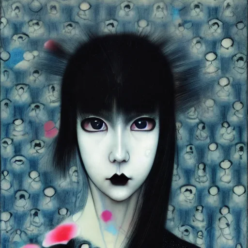 Image similar to yoshitaka amano blurred and dreamy realistic portrait of a young woman with black lipstick and black eyes wearing mask and dress suit with tie, junji ito abstract patterns in the background, face in three quarter view, satoshi kon anime, noisy film grain effect, highly detailed, renaissance oil painting, weird portrait angle, blurred lost edges