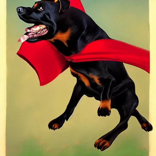 Prompt: Flying Rottweiler wearing a red cape, caricature