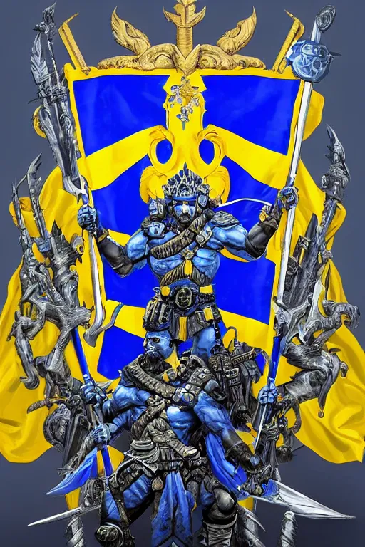 Prompt: a distant shot from below of a Ukrainian super soldier with blue and yellow flag behind him and a trident coat of arms on the chest standing alone on a huge pile of skulls posing as a winner, masculine muscular figure, D&D, fantasy, intricate, elegant, highly detailed, extremely detailed, digital painting, artstation, concept art, matte, smooth, hyper realistic, sharp focus, illustration, art by Artgerm and Greg Rutkowski and Alphonse Mucha