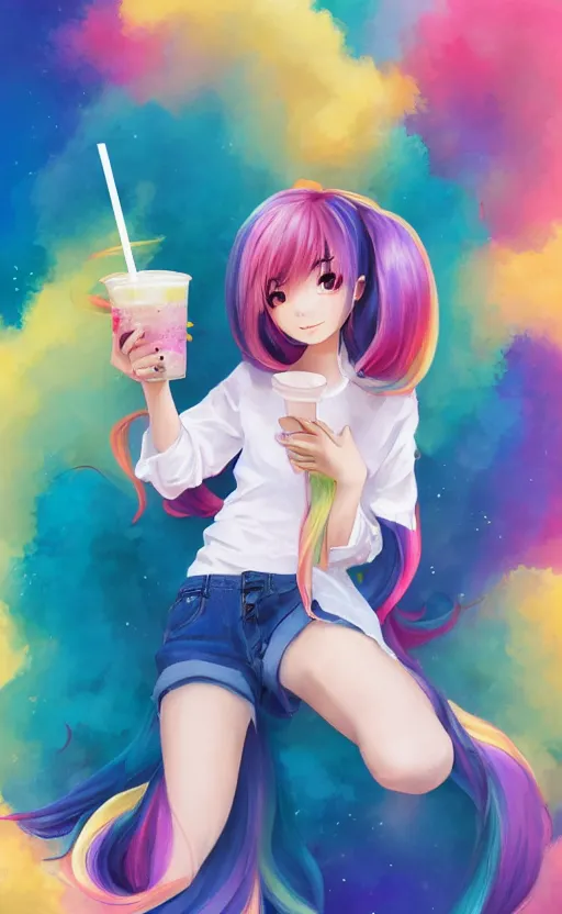 Image similar to a kawaii woman with rainbow hair, happy, summer time, holding boba tea drink, soft eyes and narrow chin, dainty figure, long hair straight down, kawaii shirt and jeans, basic white background, In style of by Jordan Grimmer and greg rutkowski, crisp lines and color