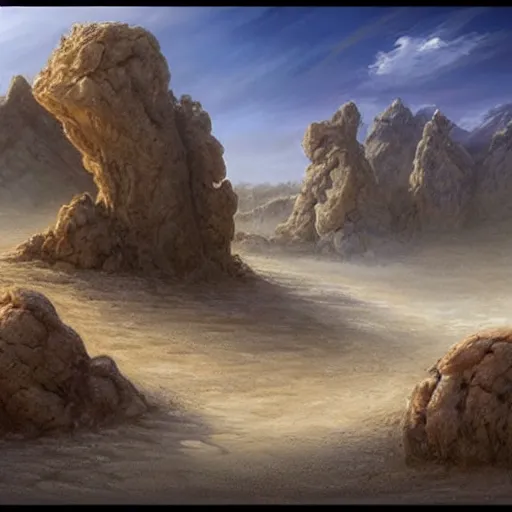 Image similar to a beautiful sand and ash landscape with rocks jutting out of the ground and a deep blue sky. dust clouds. by Peter Mohrbach and Mark Keathley, highly detailed concept art