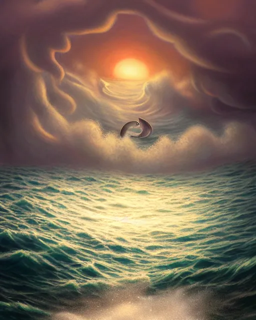 Prompt: sea with very big waves crashing to shore, sunset, hyper realistic, artstation, illustration, nicoletta ceccoli, mark ryden, lostfish, dan decarlo, bob clampett, max fleischer, digital paint, matte paint, vivid colors, detailed and intricate environment
