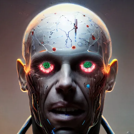 Image similar to centered front face portrait art illustration of an ultradetailed evil metaverse cyborg made of neuronal networks, by greg rutkowski and Zdzisław Beksiński, photorealistic, 8k, intricate, futuristic, dramatic light, trending on cg society