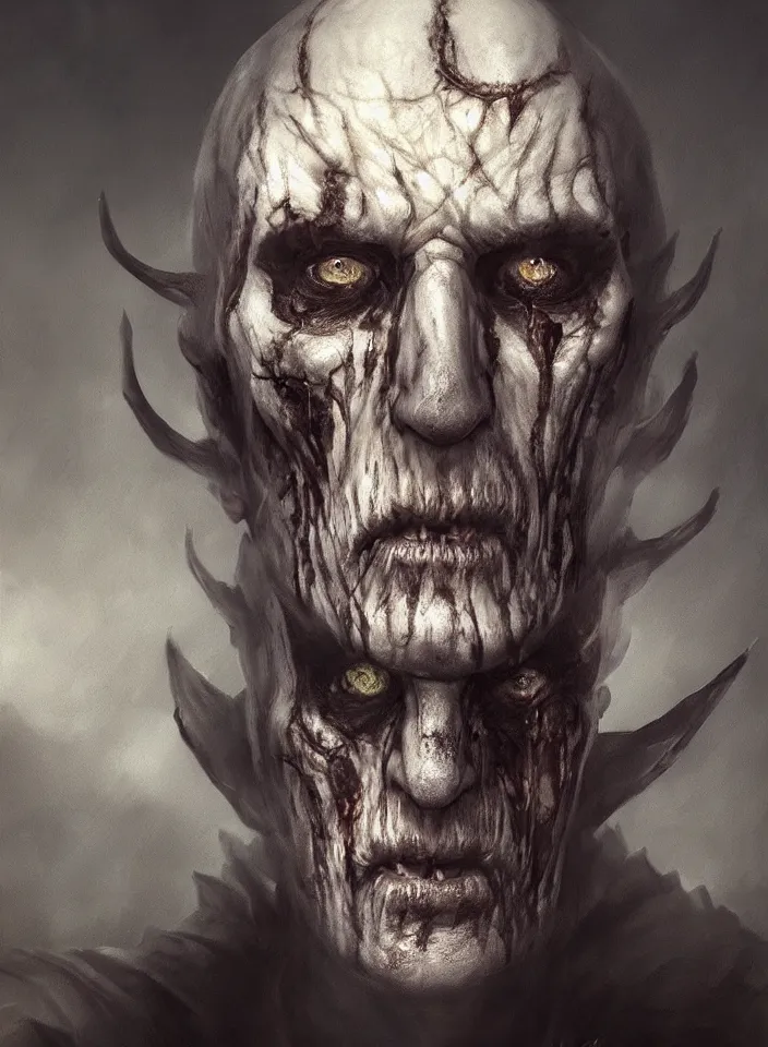 Image similar to a face portrait of a older man as an undead necromancer from skyrim, fantasy setting, beautiful face, serene colors, soft lighting, atmospheric, cinematic, moody, in the style of diego koi, gina heyer, luiz escanuela, art by alyssa monk, hyperrealism, rule of thirds, golden ratio, oil on canvas, 8 k