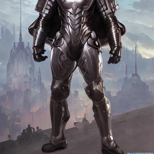 Image similar to character concept, wide angle, full body, symmetrical head - on centralized, young man with armor suit. detailed, high quality, dynamic lightning, fantasy, scenematic. artwork by artgerm, wlop, alex ross, greg rutknowski, alphonse mucha