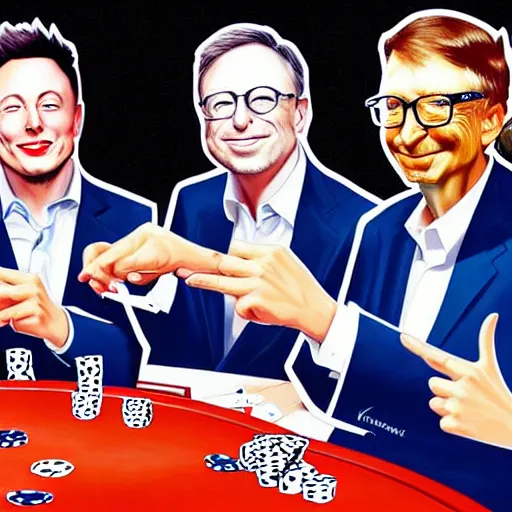 Prompt: UHD photorealistic Elon Musk playing poker with Satoshi Nakamoto, Klaus Schwab, and Bill Gates, hyperrealistic, correct details, symmetrical faces, accurate faces,