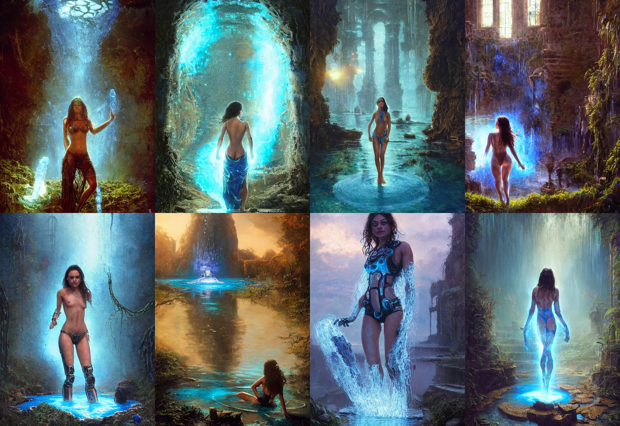 Prompt: mila kunis as a intricate robot wading through blue glowing water, 2 0 0 mm focal length, epic vista of old ruins, greg rutkowski, steve hanks, charlie bowater, steve henderson, justin gerard, mark keathley, victor nizovtsev, ross tran, wlop, hajime sorayama