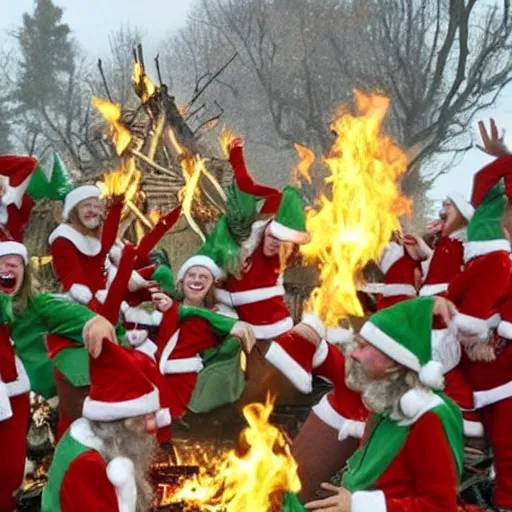 Prompt: shouting with glee, the elves danced around the pyre as santa's body became engulfed in flames. freedom!, they cheered.