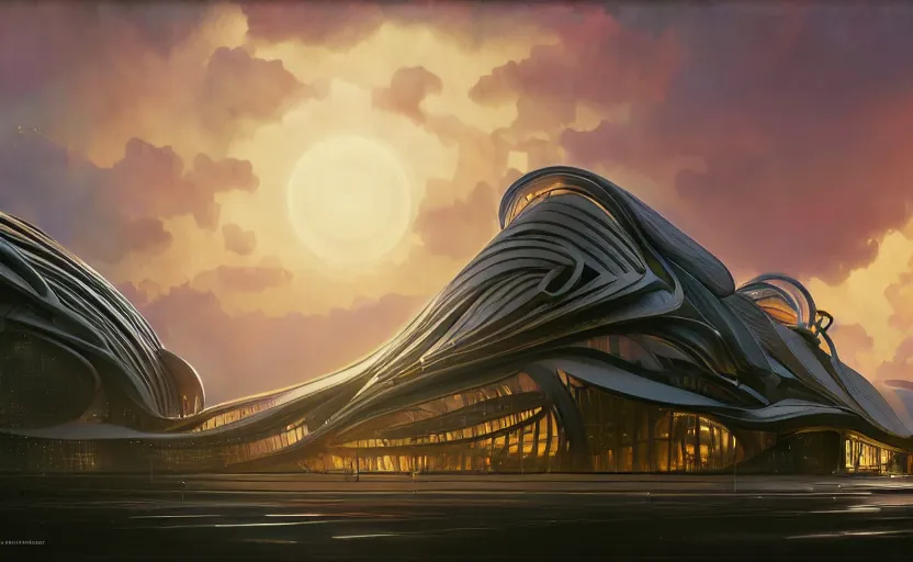 Image similar to exterior shot of utopian architecture building with cinematic lighting by zaha hadid and renzo piano, darek zabrocki and greg ruthkowski, alphonse mucha, simon stalenhag, cinematic, holy place, paradise, scifi, futurism, atmospheric, sunset, concept art, artstation, trending on artstation