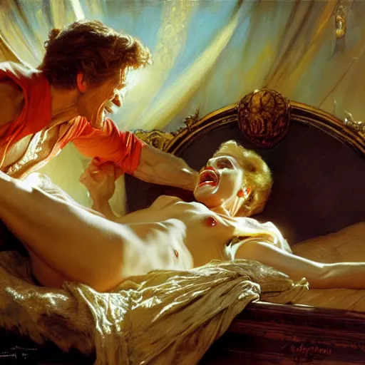 Image similar to willem dafoe is in his bed, nervous and terrified, because betty white from hell is attacking him. highly detailed painting by gaston bussiere, j. c. leyendecker, greg rutkowski, craig mullins 8 k