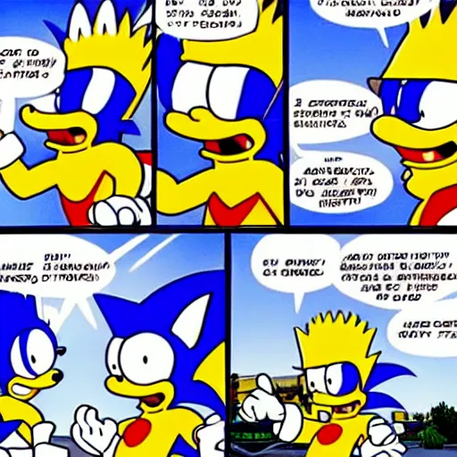 Prompt: sonic punches homer simpson while bart shoots at sonic.