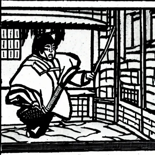 Prompt: old japanese samurai sharpening his sword on a pub, cartoon style