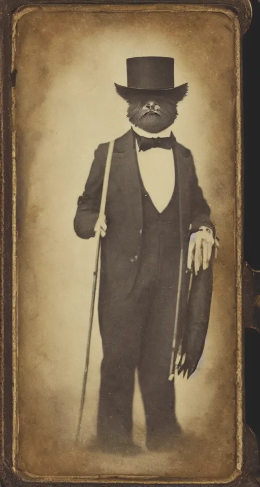 Image similar to a vintage tintype portrait of a dignified bigfoot wearing a top hat and carrying a cane