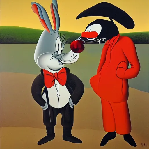 Prompt: Bugs Bunny and Elmer Fudd in the style of Dali, surrealism, oil on canvas