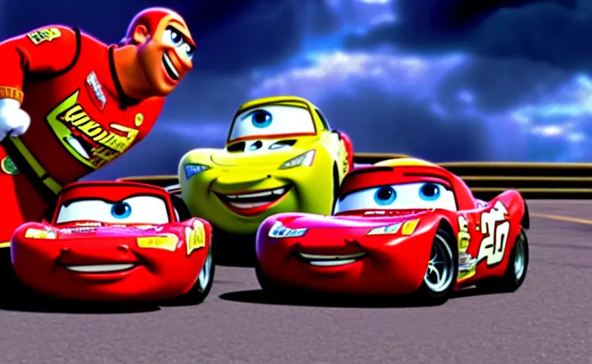 Image similar to lightning mcqueen from cars the movie hugging vin diesel,