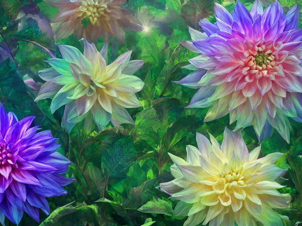 Image similar to 3d render of an iridescent dahlia, Sunlight Study, by Rachel Ruysch and (((((Lisa Frank))))), Art Nouveau, 8k, extreme detail, sharp focus, octane render