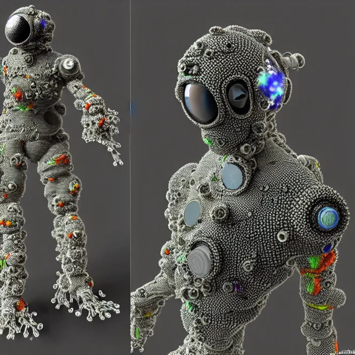 Image similar to a cybernetic symbiosis of a single astronaut mech-organic eva suit made of pearlescent wearing anodized thread knitted shiny ceramic multi colored yarn thread infected with kevlar,ferrofluid drips,carbon fiber,ceramic cracks,gaseous blob materials and diamond 3d fractal lace iridescent bubble 3d skin dotted covered with orb stalks of insectoid compound eye camera lenses orbs floats through the living room, film still from the movie directed by Denis Villeneuve with art direction by Salvador Dalí, wide lens,