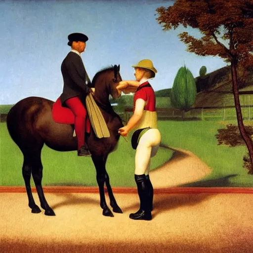 Prompt: a horse-training-show by Raphael, Hopper, and Rene Magritte. detailed, romantic, enchanting, trending on artstation.