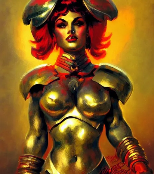 Image similar to portrait of strong iranian female chaos angel, beautiful! coherent! by frank frazetta, by brom, strong line, vivid neon color, shining metal power armor, iron helm, high contrast, maximalist