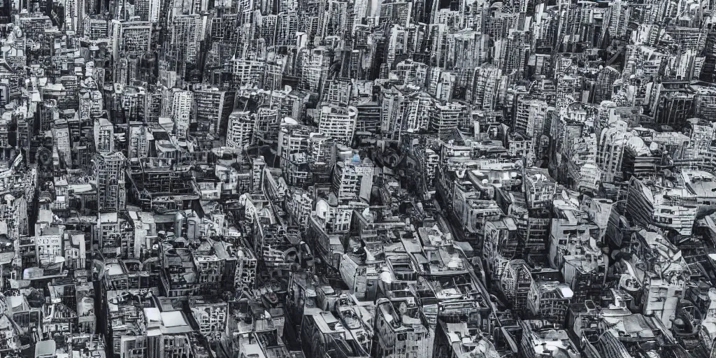 Prompt: drone view of a city, brutalism, sharp focus, telephoto lens, 3D digital art 4k