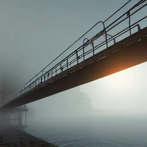 Image similar to still shot of a bridge covered in morning fog, highly detailed, photorealistic portrait, bright studio setting, studio lighting, crisp quality and light reflections, unreal engine 5 quality render