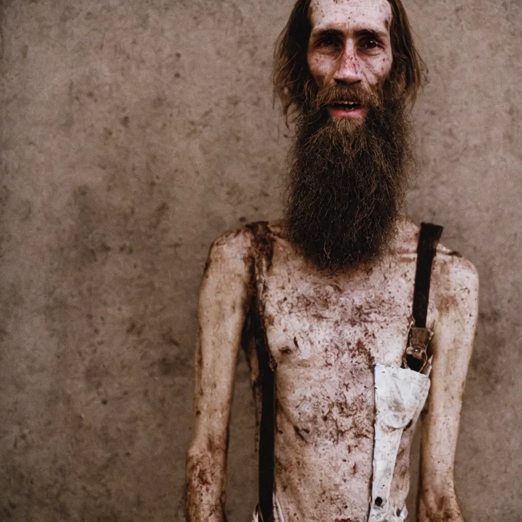 Prompt: far view, in british museum, extremely skinny malnourished redneck white male with long beard, wearing dirty overalls, dirty greasy face, grin, portrait, close up, kodak gold 2 0 0, 5 0 mm,