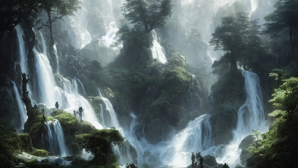 Prompt: the great elven tree above the alpine waterfall. andreas achenbach, artgerm, mikko lagerstedt, zack snyder, tokujin yoshioka