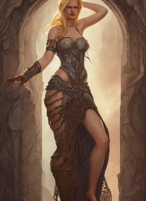 Image similar to lara stone, wearing a semi transparent dress, deep focus, d & d, fantasy, intricate, elegant, highly detailed, digital painting, artstation, concept art, matte, sharp focus, illustration, hearthstone, art by artgerm and greg rutkowski and alphonse mucha