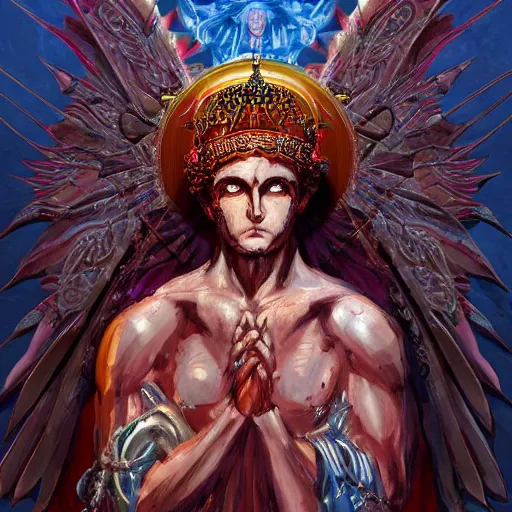 Image similar to 4K headshot portrait of godlike Wizard of Nazareth with defined arms and open hands and bloody clothes with giant mandala wings , intricate face , flawless anime cel animation by Kentaro Miura, psychedelic , highly detailed upper body , professionally post-processed , beautiful, scary, symmetry accurate features, epic, octane rendered, anime masterpiece, accurate by Craig Mullins, ilya kuvshinov, krenz cushart, epic , artgerm trending on artstation by Edward Hopper and Dan Mumford and WLOP and Rutkovsky, beksinski carl spitzweg moebius and tuomas kocar, intricate artwork by caravaggio, Unreal Engine 5, Lumen, Nanite