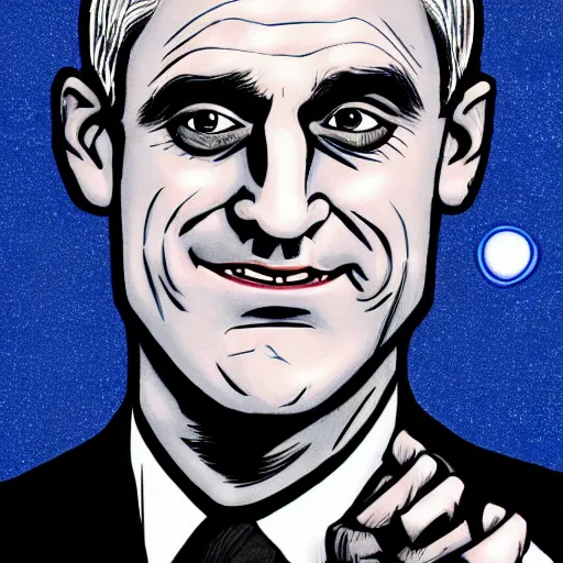Prompt: digital illustration of secretary of denis mcdonough face with glowing eyes, cover art of graphic novel, eyes replaced by glowing lights, glowing eyes, flashing eyes, balls of light for eyes, evil laugh, menacing, Machiavellian puppetmaster, villain, clean lines, clean ink