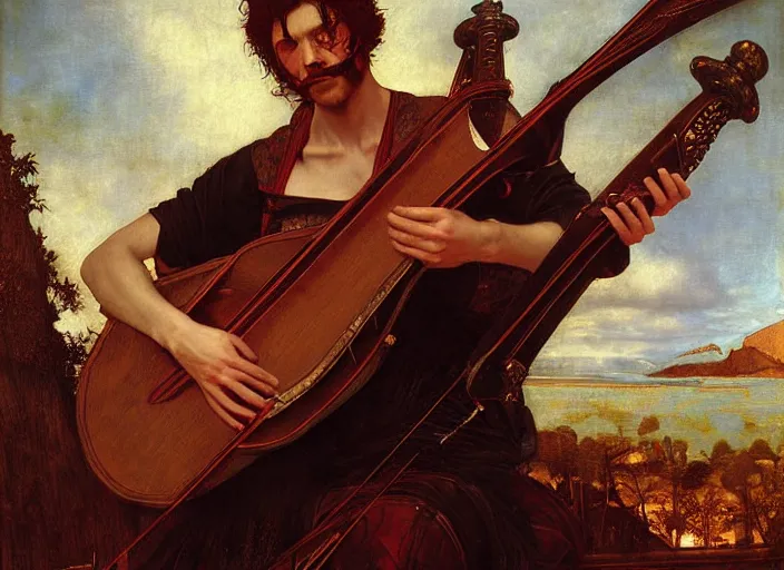 Image similar to bard - a devil with red skin and horns playing lute. edgar maxence and caravaggio and michael whelan and delacroix style, artistic, intricate painting, cinematic lighting, hyper realistic, extremely detailed, vivid colors, establishing shot, dramatic lighting