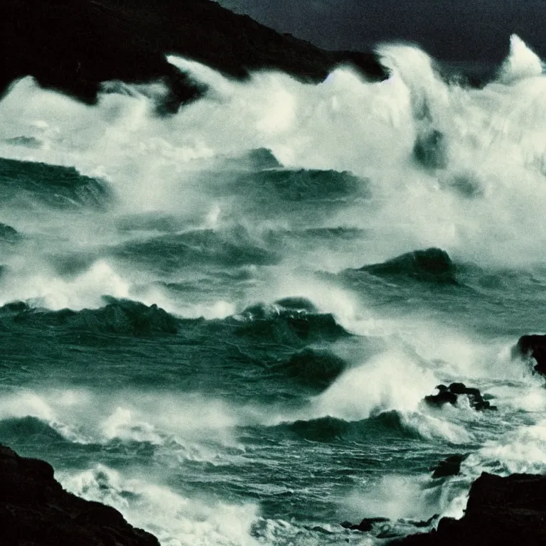 Image similar to dark and moody 1 9 7 0's artistic technicolor spaghetti western film, a large huge group of women in a giant billowing wide long flowing waving shining bright white dresses, standing inside a green mossy irish rocky scenic landscape, crashing waves and sea foam, volumetric lighting, backlit, moody, atmospheric, fog, extremely windy, soft focus