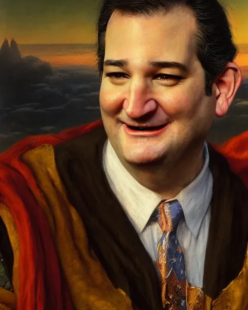 Image similar to closeup portrait of whimsical ted cruz speaking at a convention, court jester in renaissance era, masterpiece, by donato giancola and greg rutkowski and wayne barlow and zdzisław beksinski, high contrast, realistic face