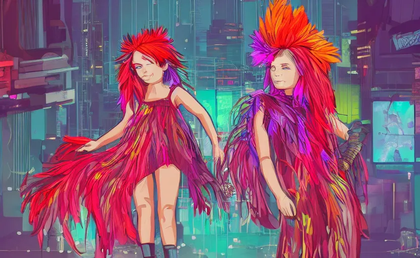 Prompt: little girl with eccentric red hair wearing a dress made of colorful feathers, cartoon art style, cyberpunk