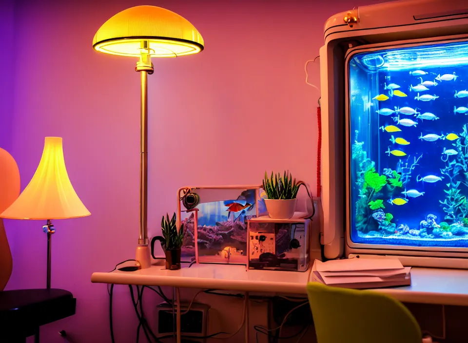 Image similar to telephoto 7 0 mm f / 2. 8 iso 2 0 0 photograph depicting the feeling of chrysalism in a cosy cluttered french sci - fi ( art nouveau ) cyberpunk apartment in a pastel dreamstate art cinema style. ( aquarium, computer screens, window ( city ), leds, lamp, desk ( ( ( armchair ) ) ) ), ambient light.