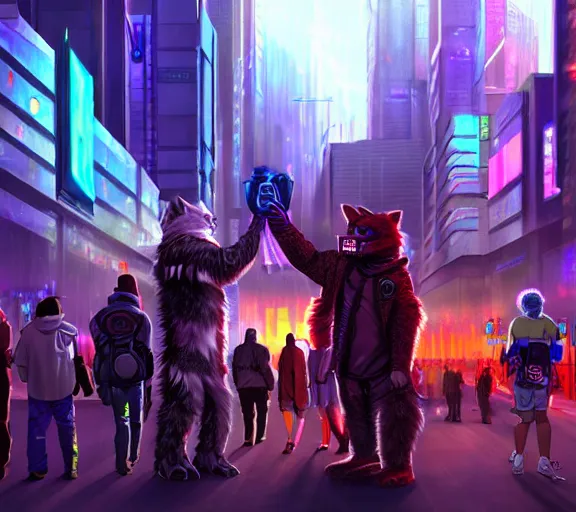 Image similar to high - resolution photograph from a cyberpunk era furry fandom convention ( midwest furfest 2 0 4 7 ), taking place after the genetic revolution and quantum singularity. photorealistic.