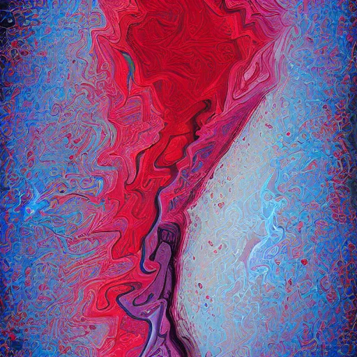 Prompt: the brittle. digital painting, vertical, intricate, beautiful, detailed, grunge, illustration, abstract art by georgia o'keeffe, trending on artstation. blue, dark red and dark purple color scheme, gradient darker to bottom