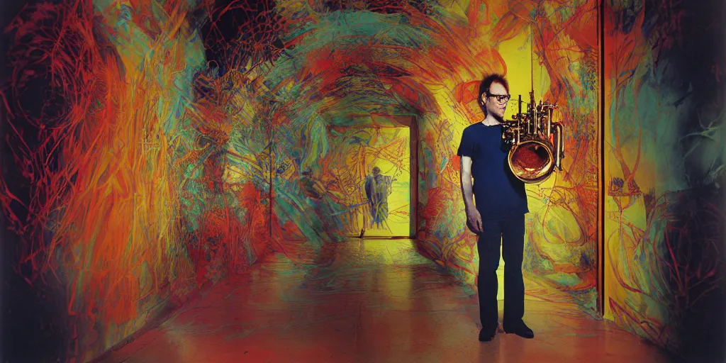 Prompt: award winning photo of JOHN ZORN DMT TRIP ENTERING A BUILDING, vivid colors, happy, symmetrical face, beautiful eyes, studio lighting, wide shot art by Sally Mann & Arnold Newman