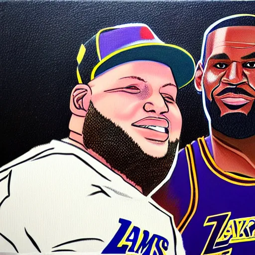 Image similar to bobby hill and lebron james taking a selfie, nba, kill of the hill, oil on canvas, trending on artstation