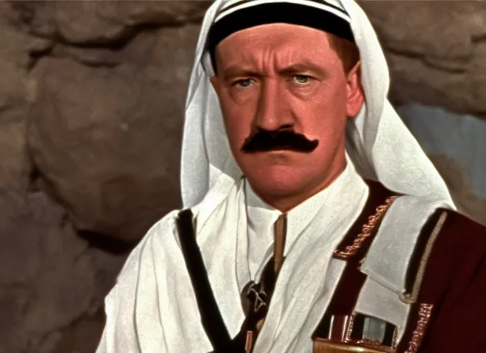 Prompt: a film still of adolf hitler in lawrence of arabia ( 1 9 6 2 ), technicolor