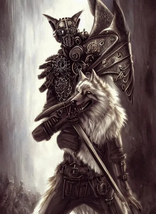 Prompt: steampunk white wolf with claymore, fantasy, art station, dramatic, concept art, portrait