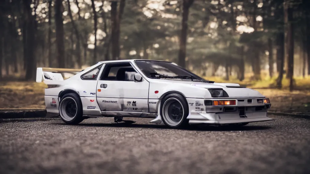 Image similar to realistic takumi fujiwara's toyota ae 8 6, cinematic, nikon d 7 5 0, long exposure, white balance, 8 k, led, lumen global illumination, fog, ray tracing reflections, fxaa, rtx, post - production