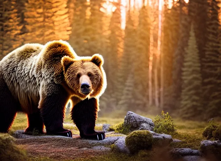 Image similar to portrait photo of chuck norris riding his fluffy grizzly bear, in the forest at dawn. fantasy magic style. highly detailed 8 k. intricate. lifelike. soft light. sony a 7 r iv 5 5 mm. award winning photography.