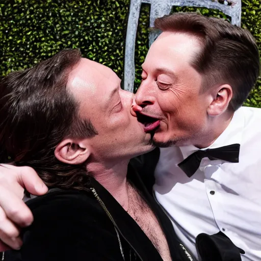 Image similar to snoop dogg french kissing elon musk with long tongue, in front of paparazzi, 8 k, photo,