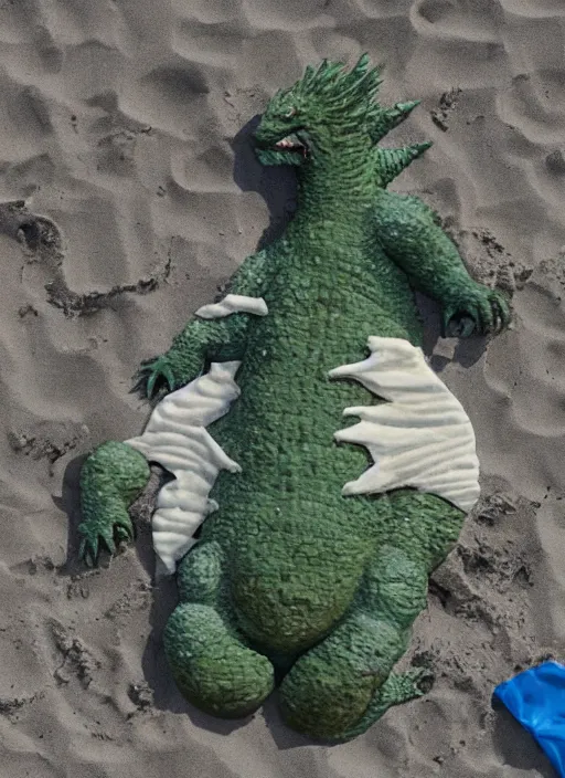 Image similar to godzilla as a mozzarella on the sand of a beach